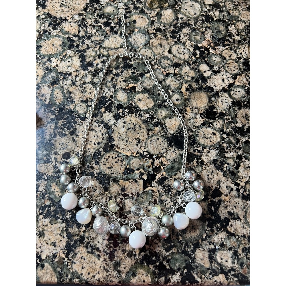 Silver Tone White and Clear Beaded Statement Necklace Adjustable Chain